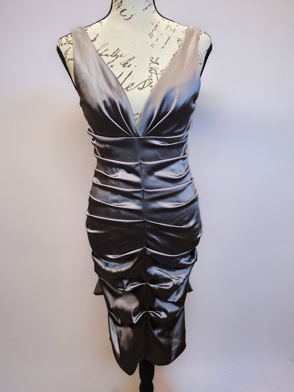 NWT Nicole Miller Satin Ruched V-Neck Dress Pewter Sz 4